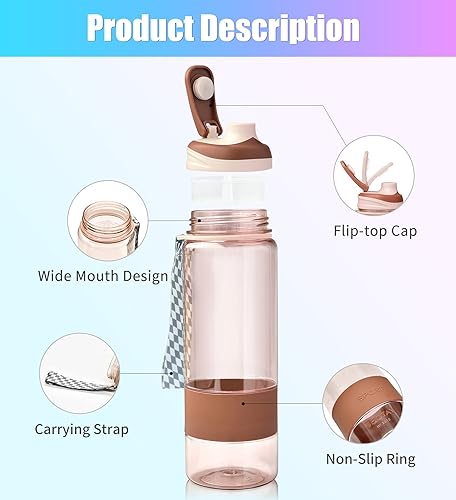 Miniatura 8 de SUPKIT Botella de agua de 21 onzas con colador, botellas de plástico con tapa superior abatible de 0.7 fl oz, a prueba de fugas, botellas de bebidas