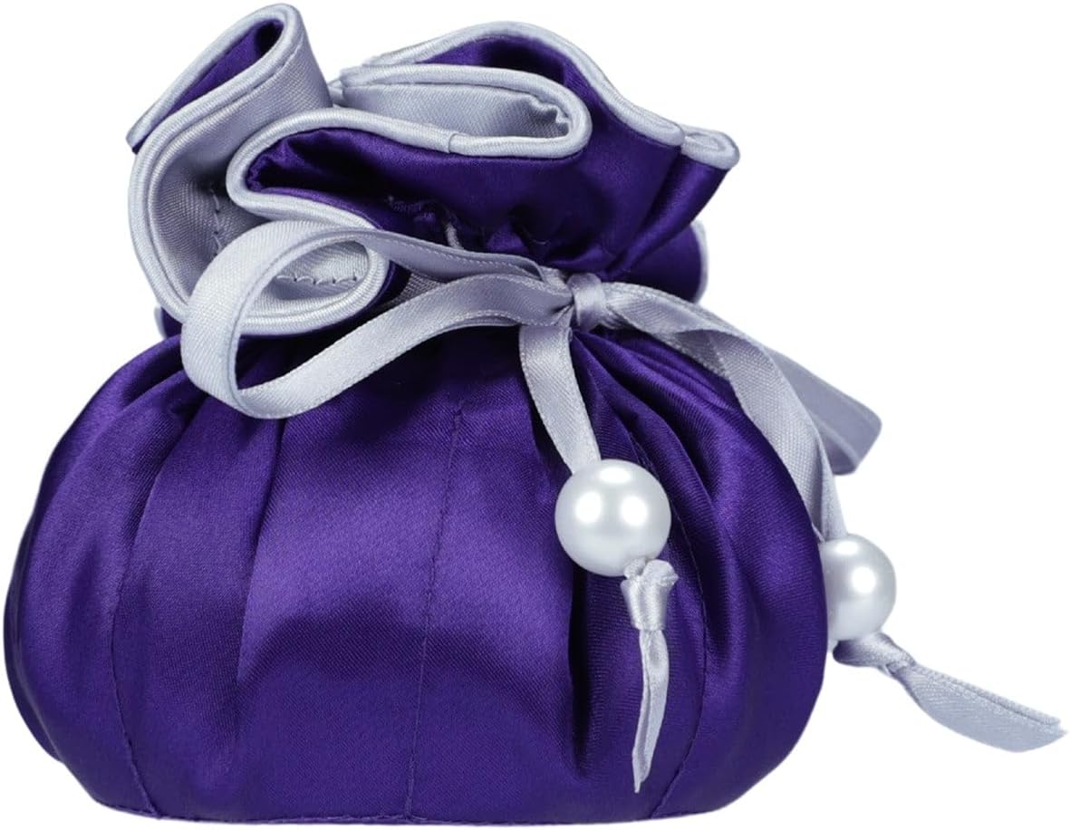 Marisa D'Amico Drawstring Premium Satin Jewelry Pouch with 8 Interior Pockets, Purple + Silver