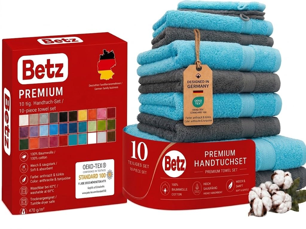 Betz Premium Handtuch-Set 10-teilig 100% Baumwolle Oeko-TEX Zertifiziert 470g/m² Türkis Anthrazit