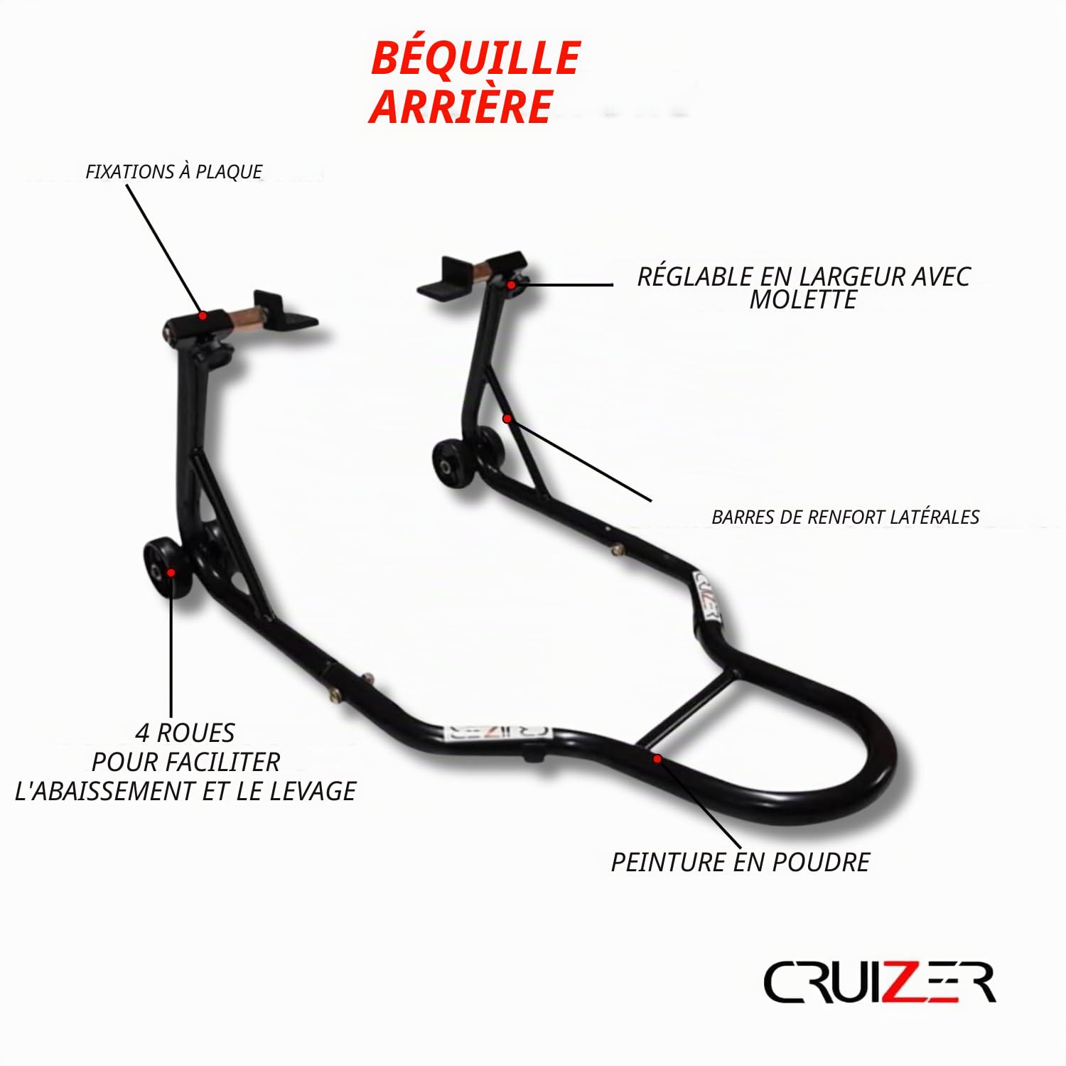 CRUIZER Béquille moto avant avec fixations à cônes + Béquille arrière à plaques réglables avec roues sous-jacentes barres renforts latéraux Charge maximale 600 kg
