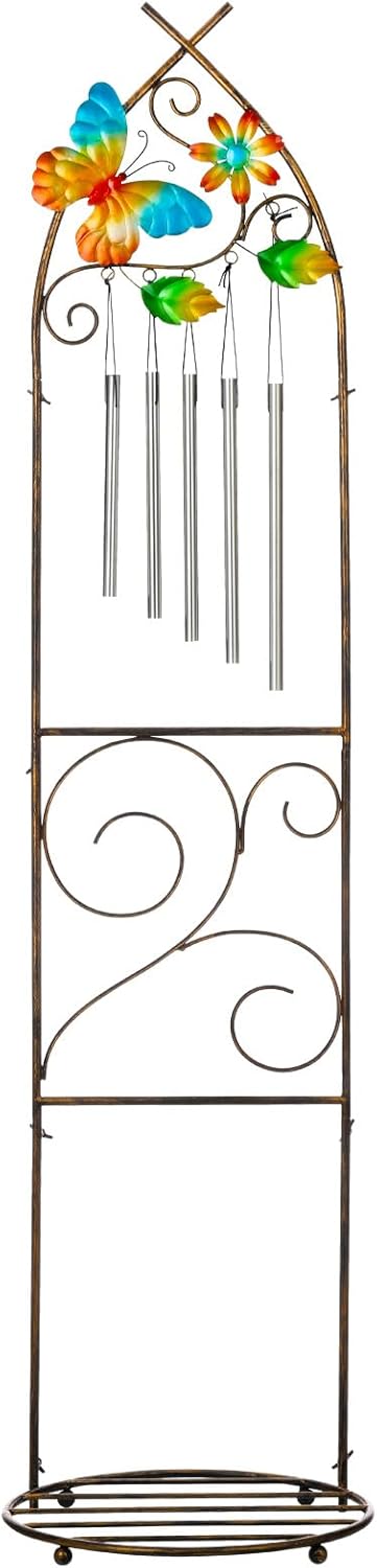 Plant Stands with Garden Trellis, 48” Metal Standing Wind Chimes Plant Pot Trellis with Butterfly for Garden Patio Backyard Climbing Plants Outdoor Decor