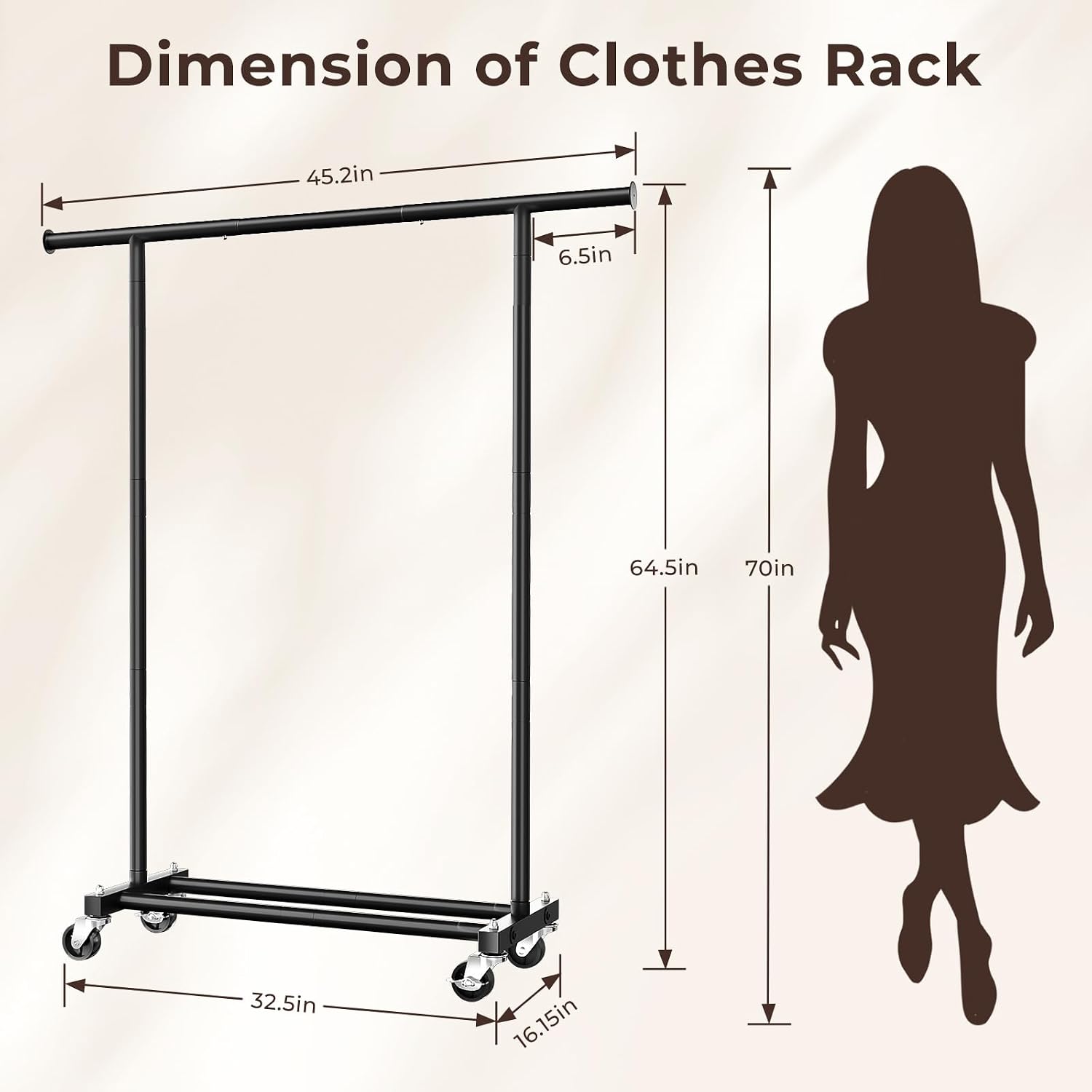 Clothes Rack for Hanging Clothes, Rolling Clothing Rack With Lockable Wheel, 45" Wide Garment Racks for Clothes to Hang, Freestanding Wardrobe Coat Racks, Black