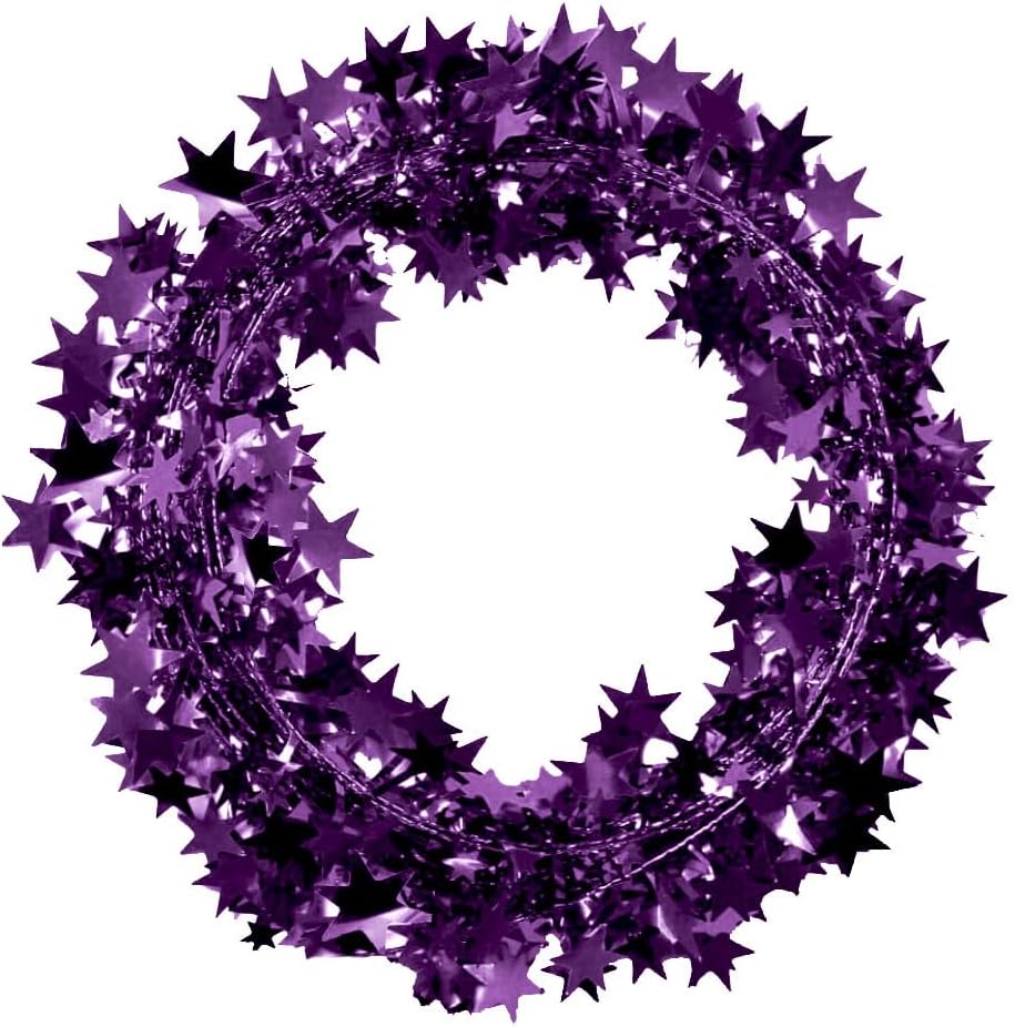 PMU 150 Ft Purple Star Garland – Shiny Tinsel Wire Garland for Halloween, Mardi Gras & Birthday Party Decor, Holiday Garlands Ornament for Festive Home Decoration (6pc-25Ft Each)