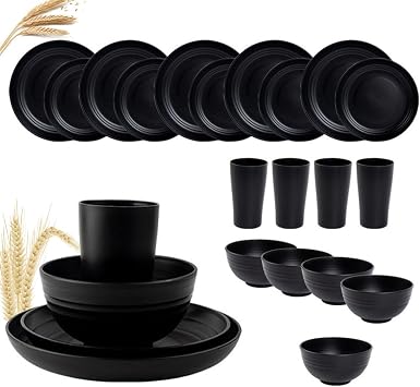 24pcs Black Wheat Straw Plastic Dinnerware Sets, Unbreakable Plates and Bowls Cups Set, Service for 6, Reusable Tableware Dinner Dishes for Kitchen Camping