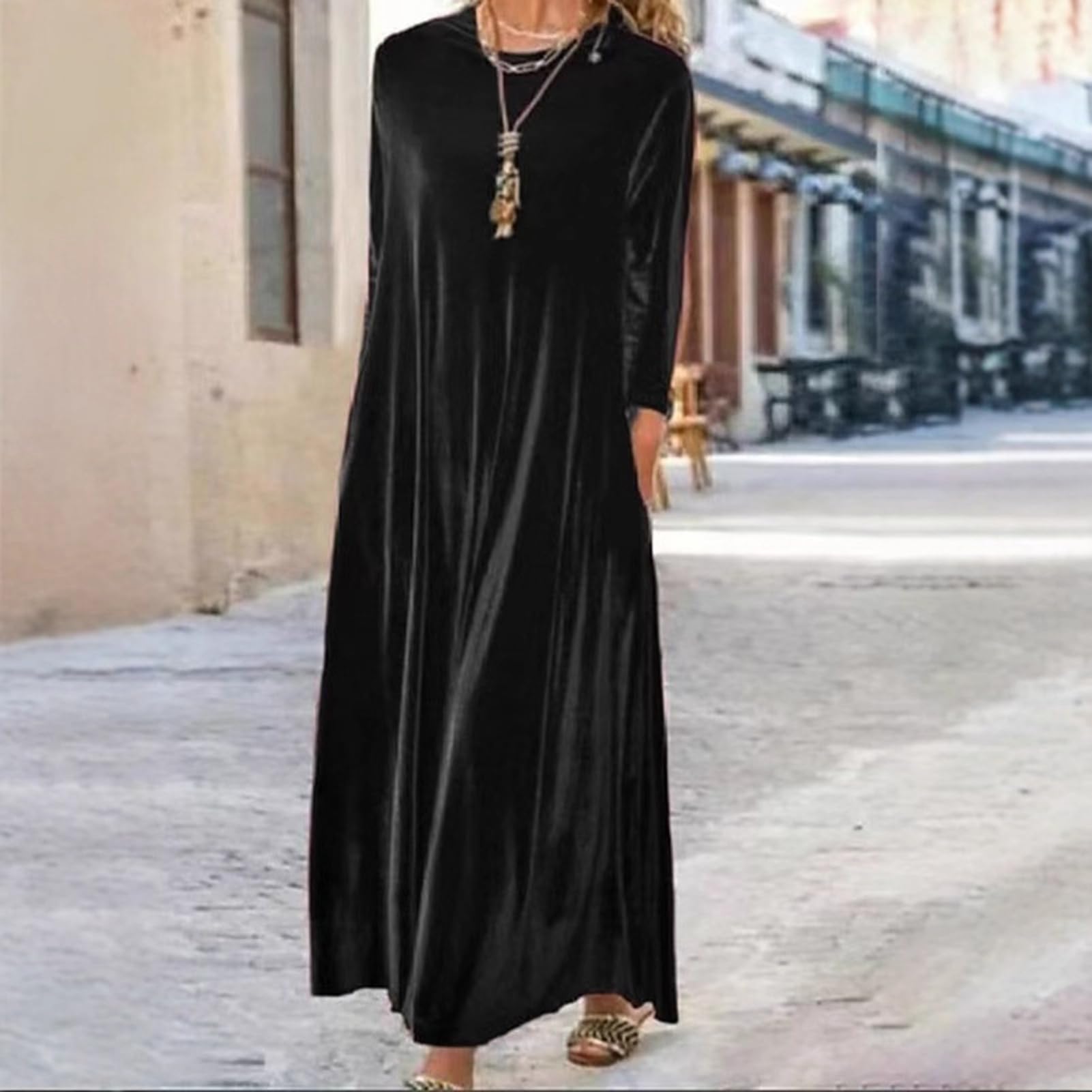 Robe longue en velours pour femme - Col rond - Manches longues - Coupe ample - Idéale comme tenue d'invité de mariage - Idéale pour les cocktails, les soirées