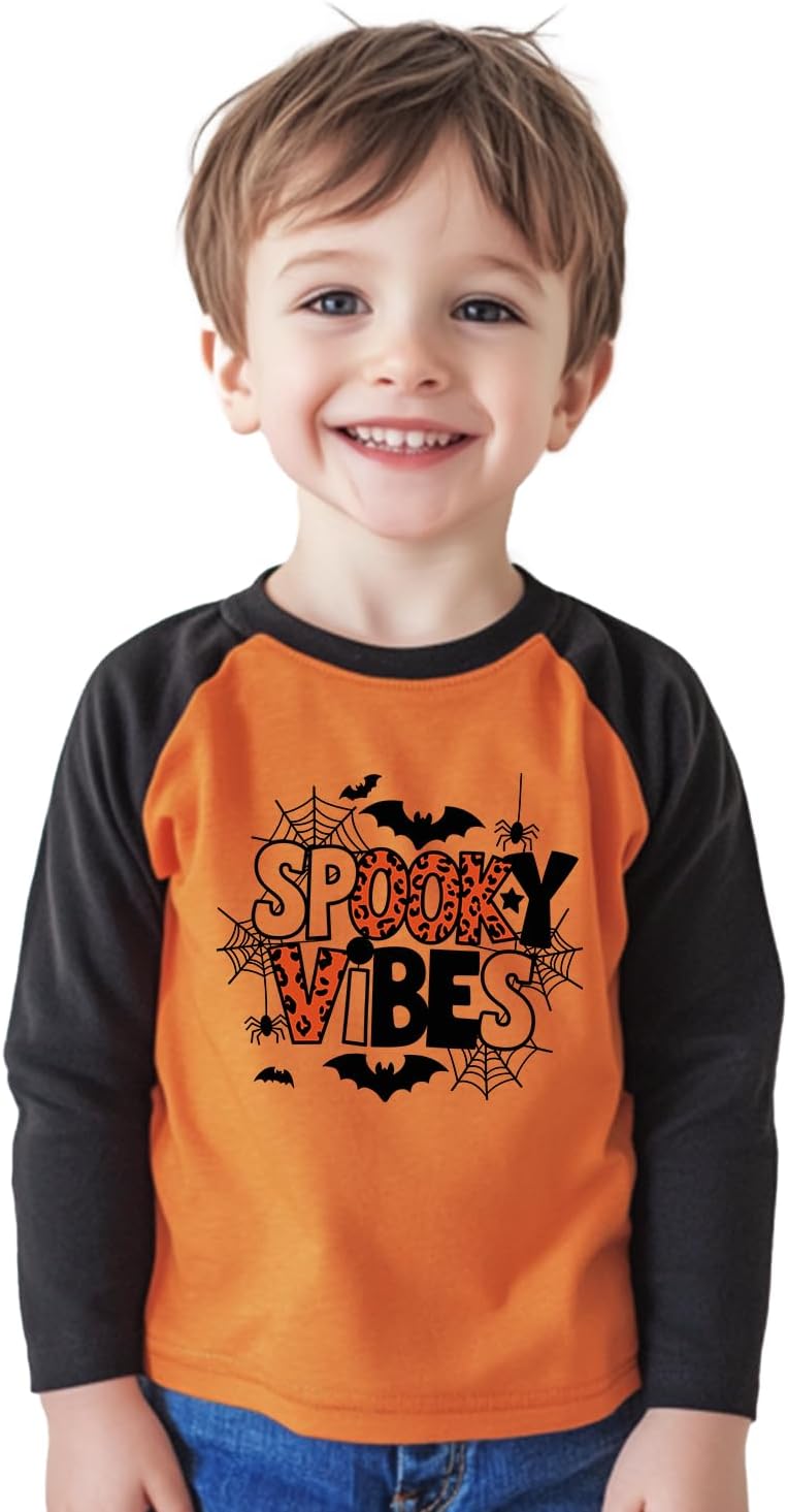 Toddler Halloween Shirt Pumpkin Shirts Boys Girls Halloween T-Shirts for Kids Ghost Clothes Long Sleeve Cotton Tee 2-8 Years 3-4T Spooky Vibes