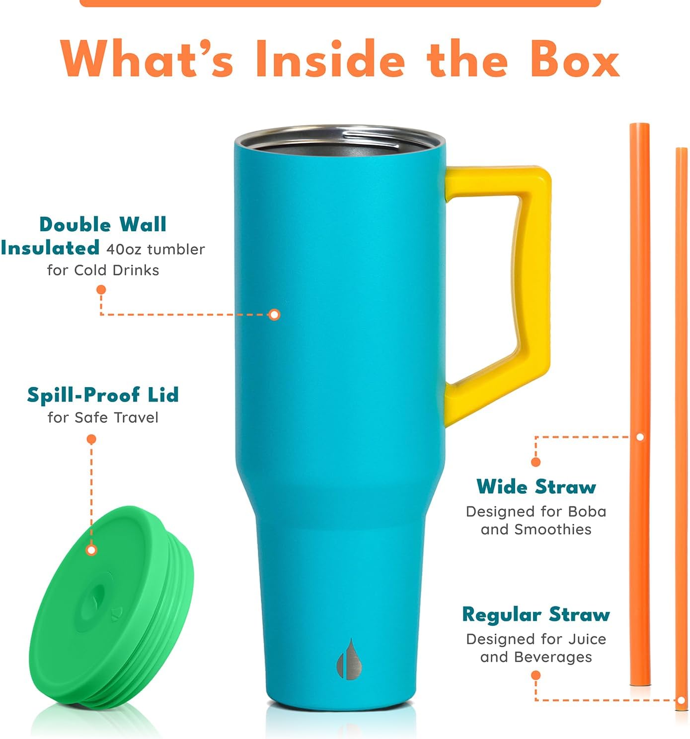Elemental 40 oz Tumbler with Handle and Straw - Spill Proof Insulated Stainless Steel Commuter for Hot and Cold Beverages - Travel Coffee Mug with 2 Straws & Spill Proof Lid - 40oz- Blue Lagoon - Image 3