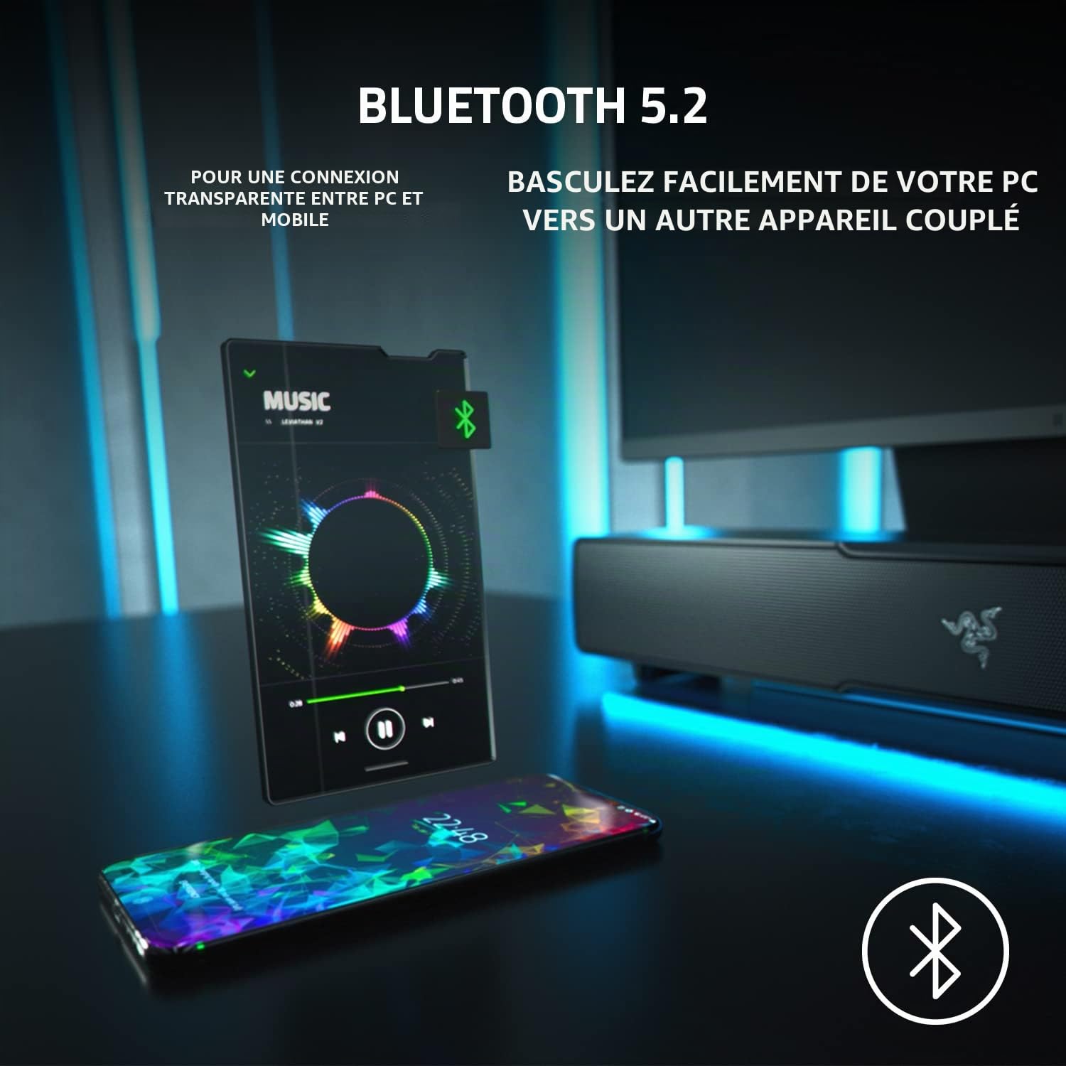 Razer Leviathan V2 : Barre de Son pour PC de Gaming Multi-Driver avec Subwoofer - THX Spatial Audio - Design Compact - Chroma RGB - Bluetooth 5.2 - pour Ordinateur de Bureau/Portable, Smartphones