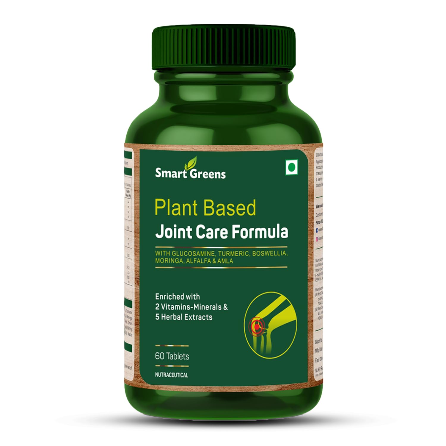 Smart Greens Plant Based Joint Care Formula with Glucosamine, Turmeric, Boswellia, Moringa, Amla & Alfalfa– 60 Tablets