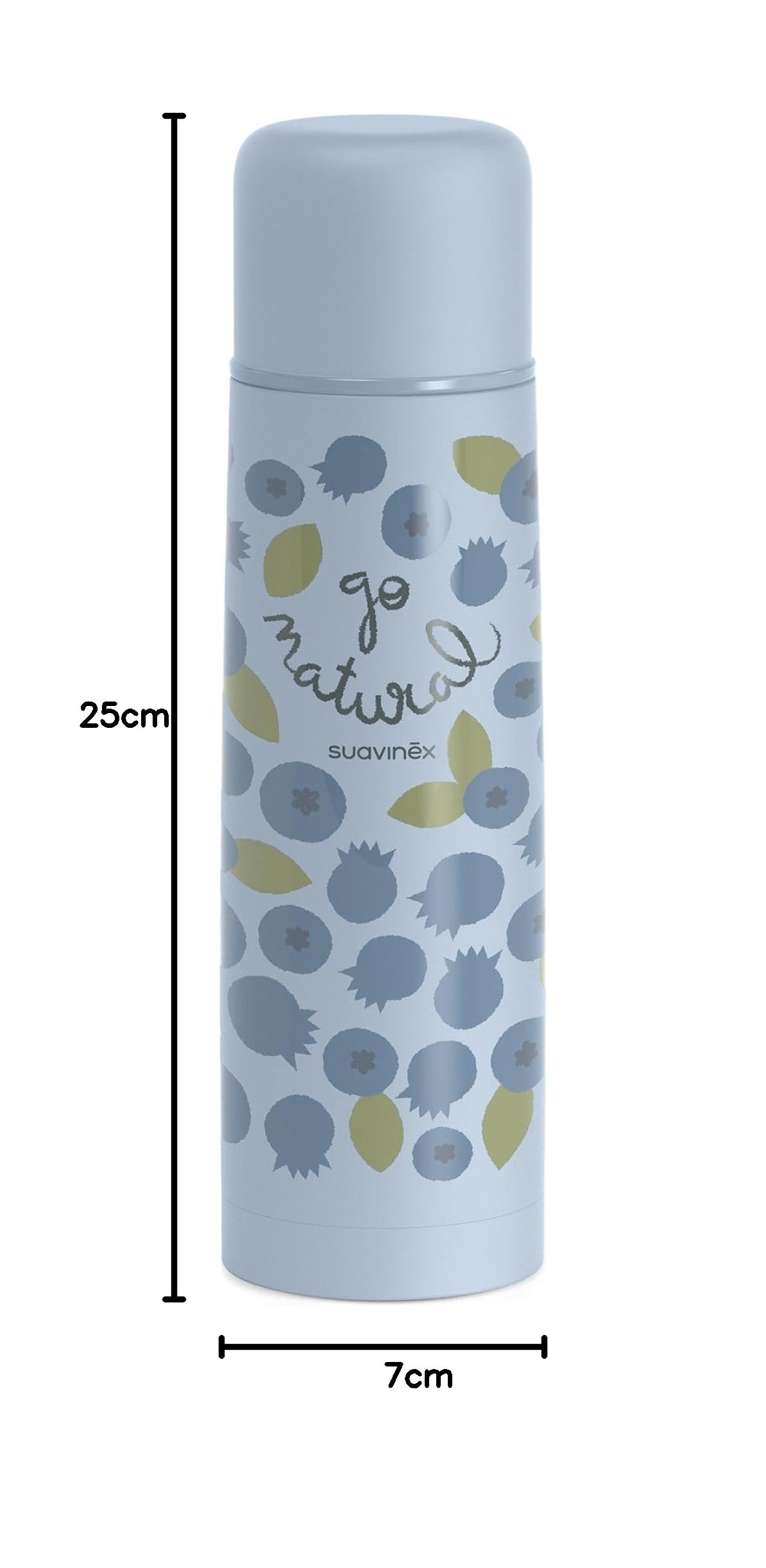 Suavinex, Thermos liquido per bebè, in acciaio inox, con chiusura ermetica, per bevande calde e fredde, 500 ml, motivo mirtillo, colore blu
