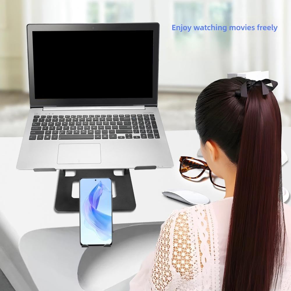 BROLAVIYA 2 in 1 Adjustable Laptop Stand with Mobile Holder, Foldable Aluminum Riser with Heat-Vent, Compatible for MacBook, Mobile, HP, Dell, Lenovo & All Other Notebooks, Silver 15 61DC3bX2maL. SL1000