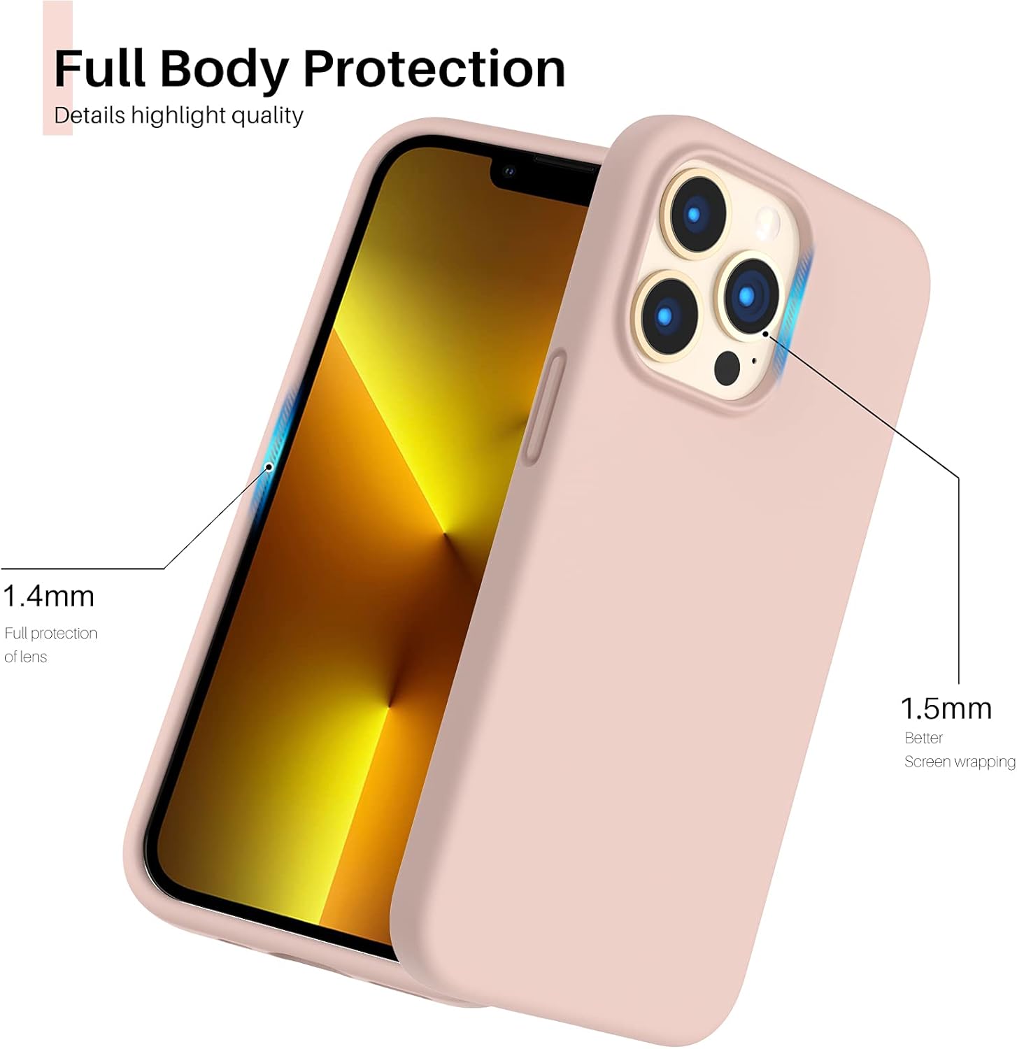 ORNARTO Shockproof Liquid Silicone Designed for iPhone 13 Pro Case Gel Rubber Full Body Protection Anti-Shock Cover Case Drop Protection 6.1inch-Sand Pink : Cell Phones & Accessories