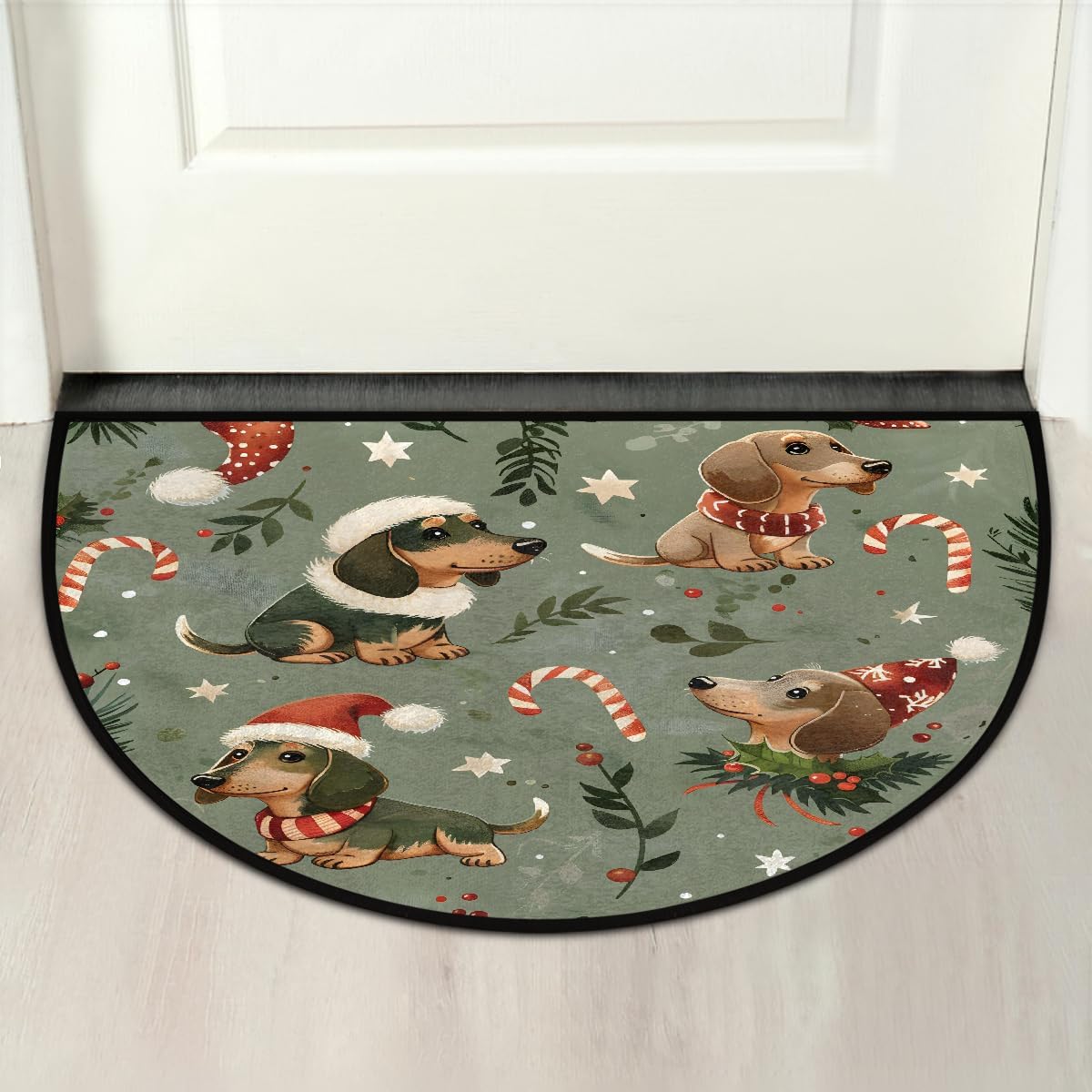 Half Round Doormat Non-Slip Washable Cute Christmas Animal Dog Semi Circle Rug Soft Absorbent Half Moon Mat for Indoor Outdoor Entrance Kitchen Bathroom Sink Patio Welcome Fireplace Floor Rug