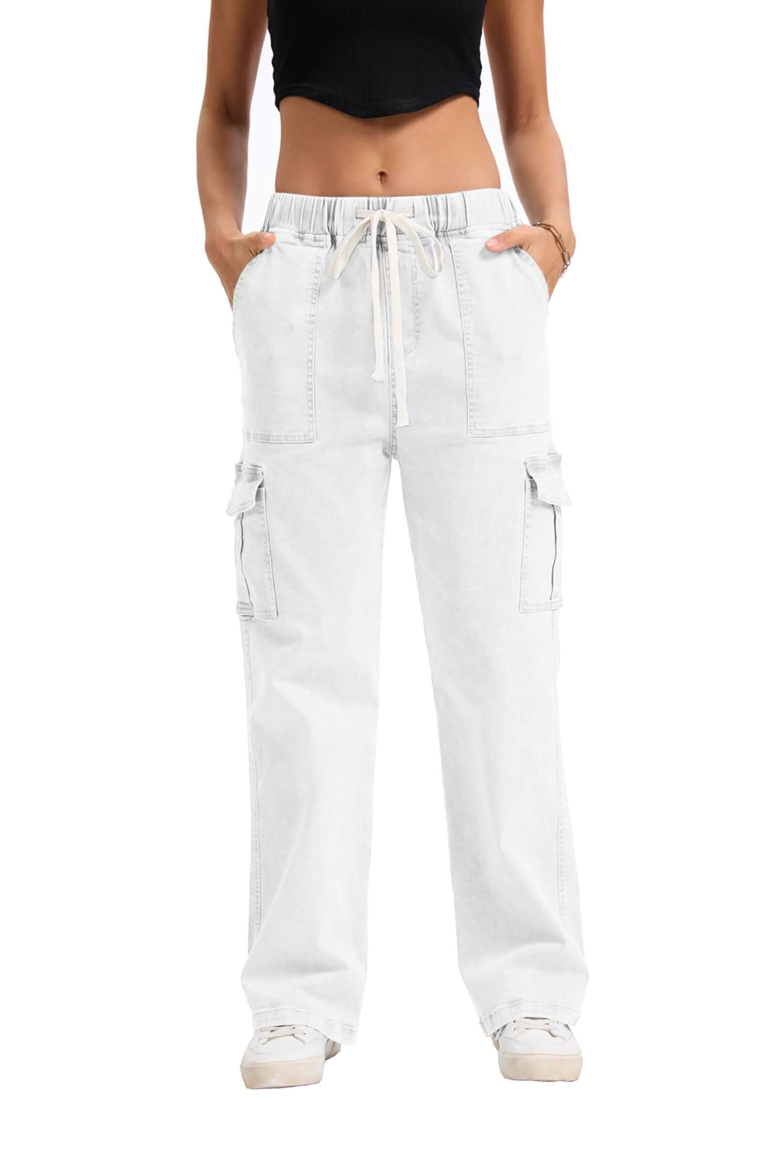 YOCUR Womens Elastic Waist Cargo Jeans Drawstring Stretch Denim Pants Mid Rise,Wide Leg,With Pockets,Multistyle,Straight Leg,Stretchy Denim Trousers,Casual Daily Wear