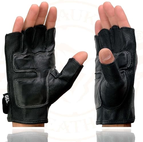 Miniatura 7 de Milwaukee Leather SH198 - Guantes de mano para motocicleta sin dedos acolchados de gel de cuero negro con llama naranja bordada
