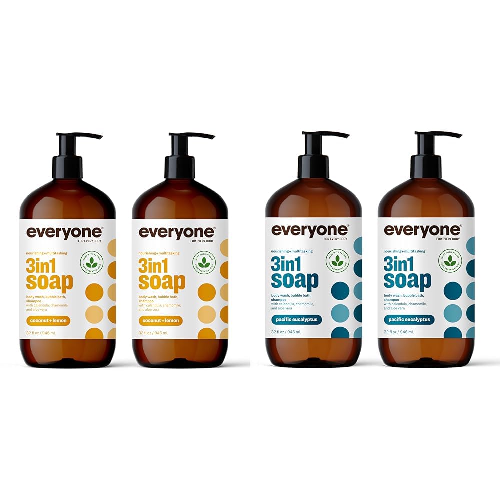 Everyone 3-in-1 Soap Body Wash Bubble Bath Shampoo Bundle 2-Pack with Coconut Lemon Eucalyptus Scents 32 Ounce Bottles