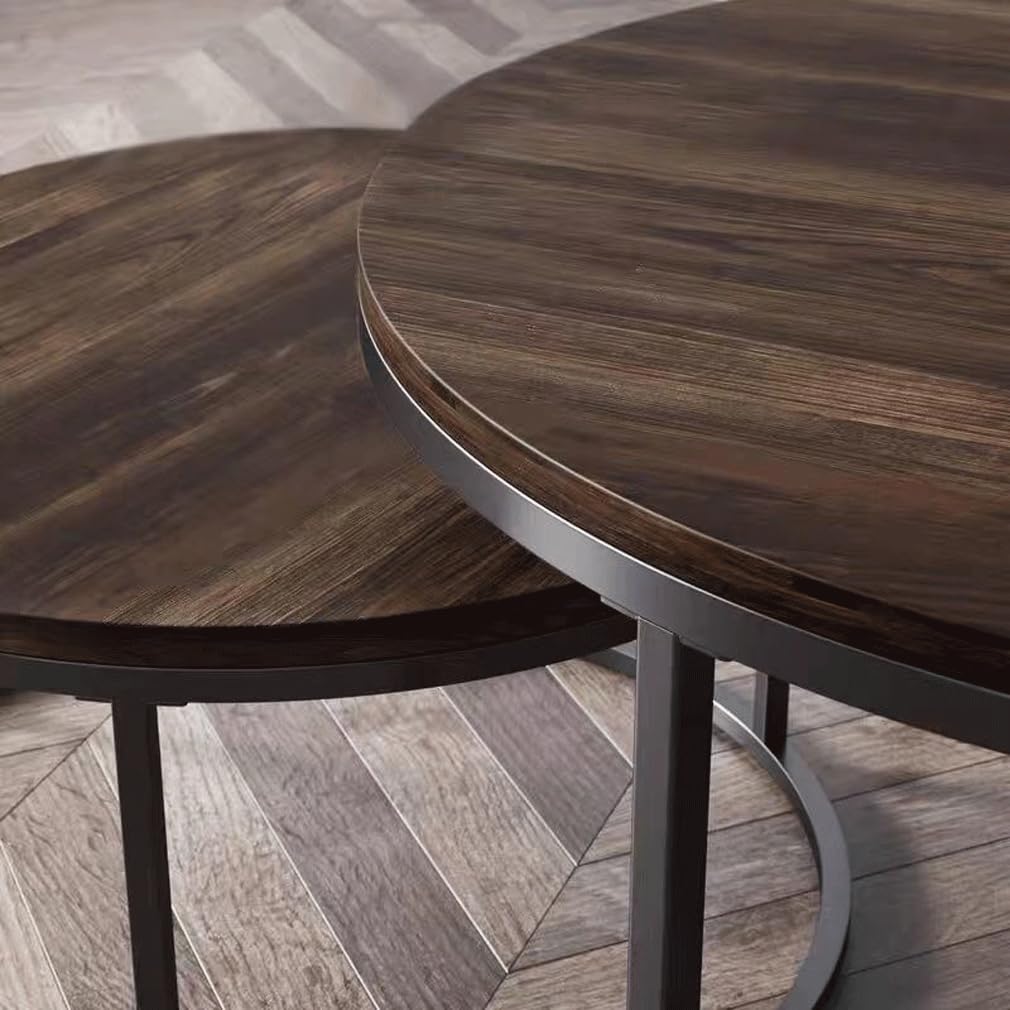 Table Basse Ronde, Lot de 2, Table Basse en Bois, Ensemble de Tables d'appoint Modernes avec Cadre en métal pour Salon, Balcon, Bureau
