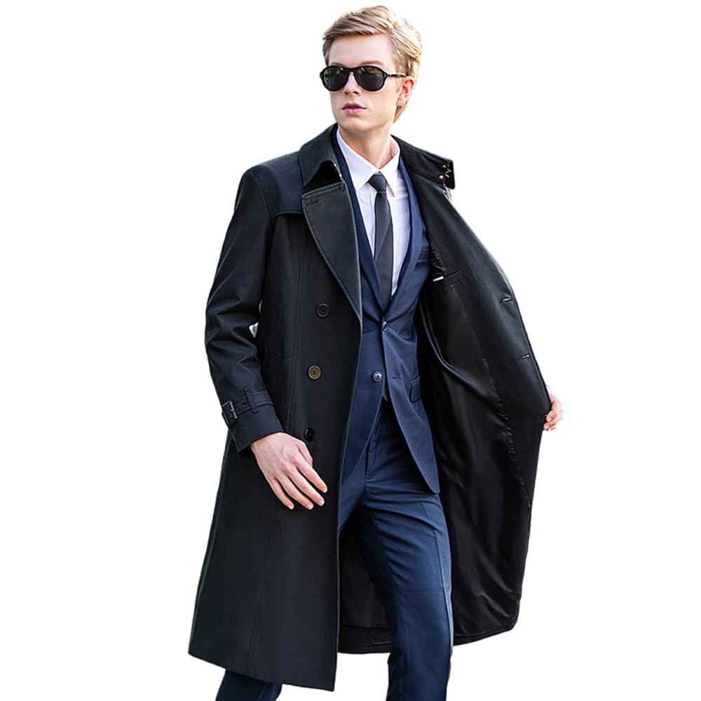 Men's Double Breasted Trench Coat with Belt Long Lapel