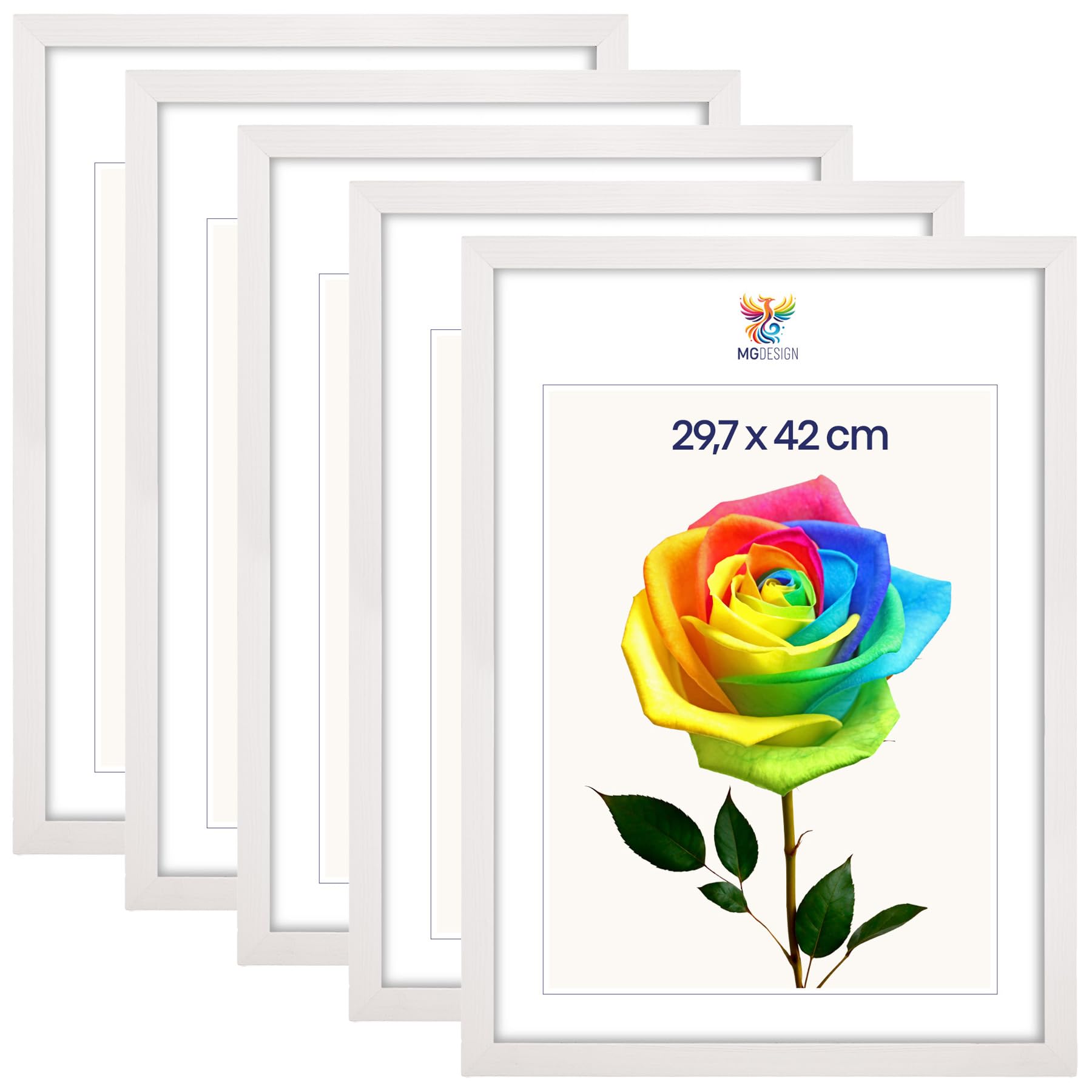 MG Design Set da 5 cornici portafoto A3 29,7 x 42 cm – Cornici in legno Bianco con vetri acrilici infrangibili, verticale e orizzontale con fissaggio a parete stabile