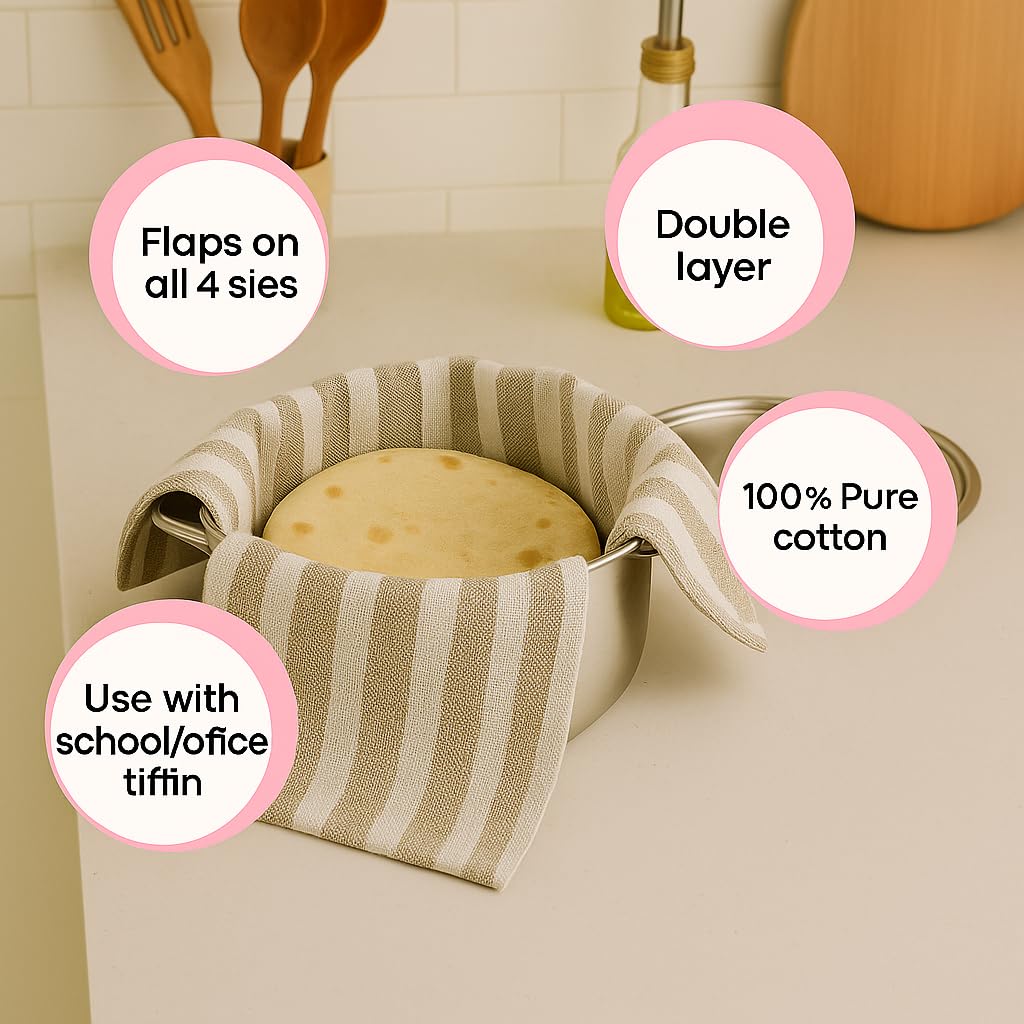 Värde® Double Layer Roti Wrap/Chapati Cover - 1 PC Premium Cotton Cloth for Roti, Paratha, Phulka, Hot Case | Kitchen Chapati Cloth with Flaps | Soft & Durable Cotton Fabric (Beige, Pack of 1) 3