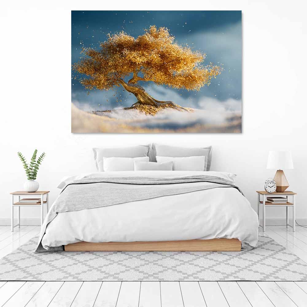 ZAMAEIU Drzewo życia obraz na płótnie obraz złoty spadające drzewo plakat natura sztuka, odpowiedni do łazienki, salonu, sypialni, biura. (złoty)-50 x 70 cm w ramie