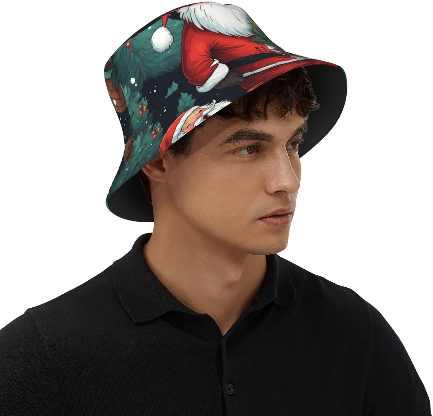 Cute Christmas Man Print Sun Hat Outdoor Fisherman Cap Summer Bucket Hat Beach for Men Women Black