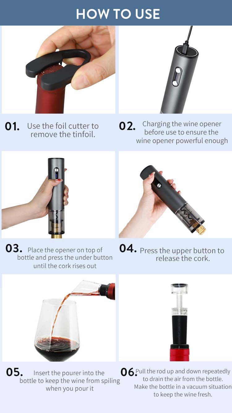 Electric Wine Opener Set with Storage Base, 5-in-1 Automatic Bottle Opener Kit, Includes Pourer, Stopper, Foil Cutter, Black