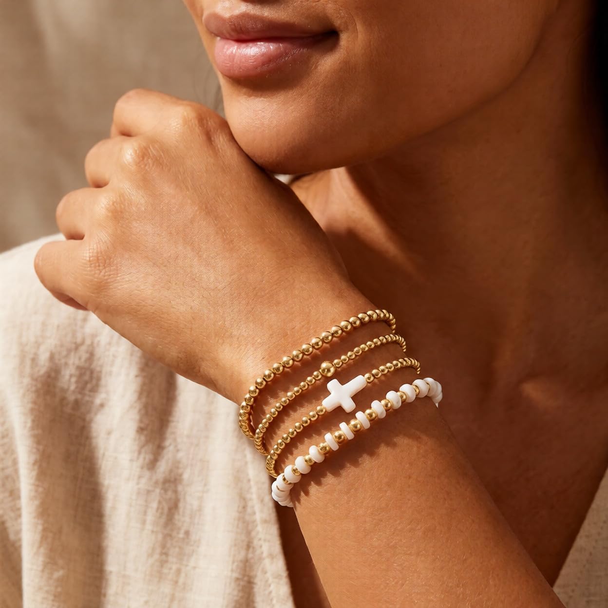 Gold Beaded Bracelets Stack for Women Valentines Day Gifts for Her Stackable 14K Gold Plated Beads Ball Cross Bracelet Boho Christian Jewelry Faith Friendship Birthday Gifts for Women - Image 3