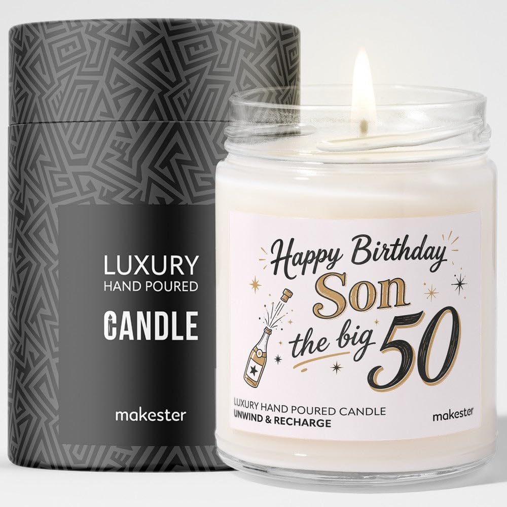 50th Birthday Gift for Son - Luxury Soy Wax Candle - Vanilla, Jasmine, Sugared Almond - Makester — image 1