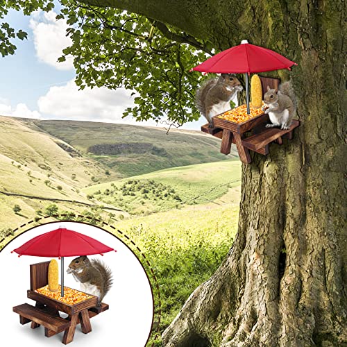 PiscatorZone Squirrel Table Feeder with Umbrella, Wood Squirrel Picnic Table Feeder with Corn Cob Holder, Squirrel and Chipmunk Gifts for Squirrel Lovers