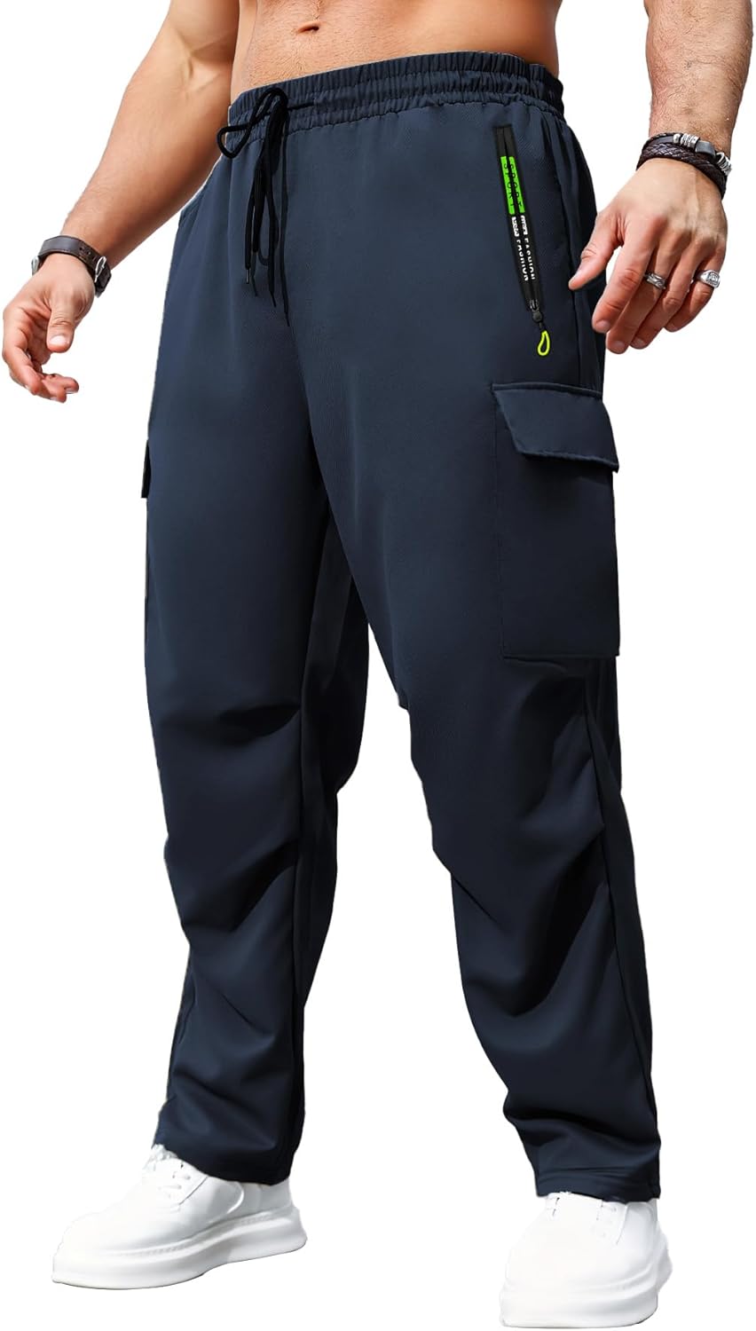 Men's Cargo Pants with Drawstring Elastic Waistband & Large Pockets, Casual Pants for Hiking Jogging