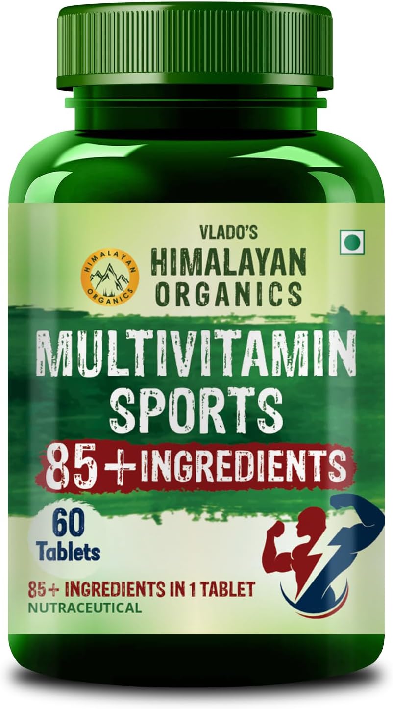 HIMALAYAN ORGANICS Multivitamin Sports With 60+ Nutrients | Vitamin B1,B2,B3,B5,B6,B12,A,E,C,D,K,Biotin,Calcium,Zinc | Good For Brain, Eye, Muscle & Joint Care - 60 Veg Tablets