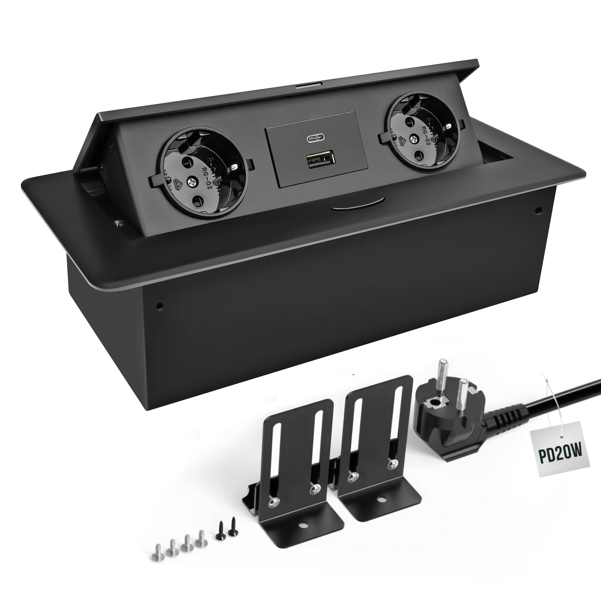 Enchufe retráctil de mesa con USB-C PD20W, color negro | USB-A y Type-C Carga Rápida Aluminio para Escritorio Cocina Encimera