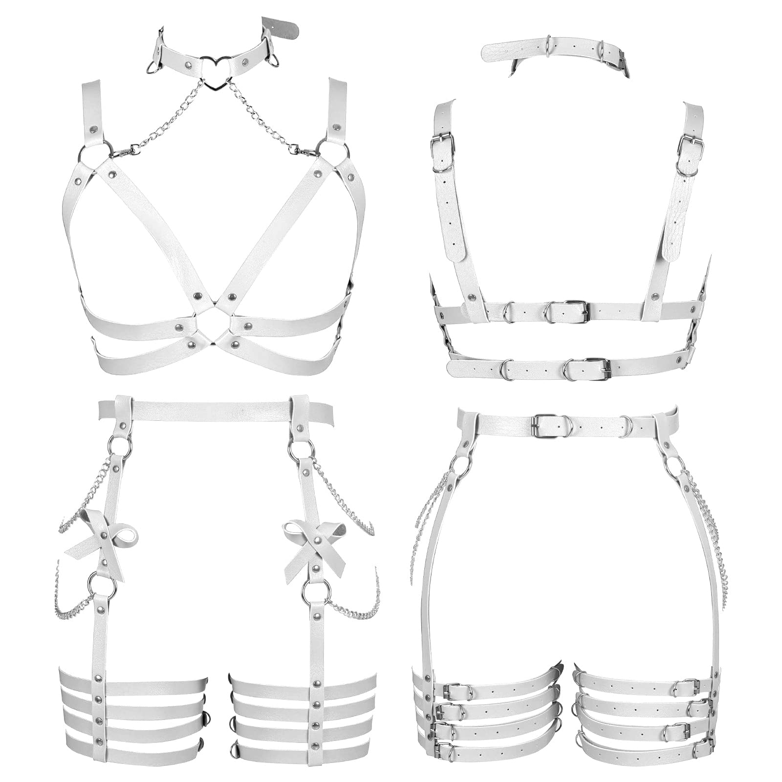 BANSSGOTH Womens Harness Leather Body Chain Bowknot Lingerie Garter Belts Set Hollow Out Christmas Dance Fashion Clothing