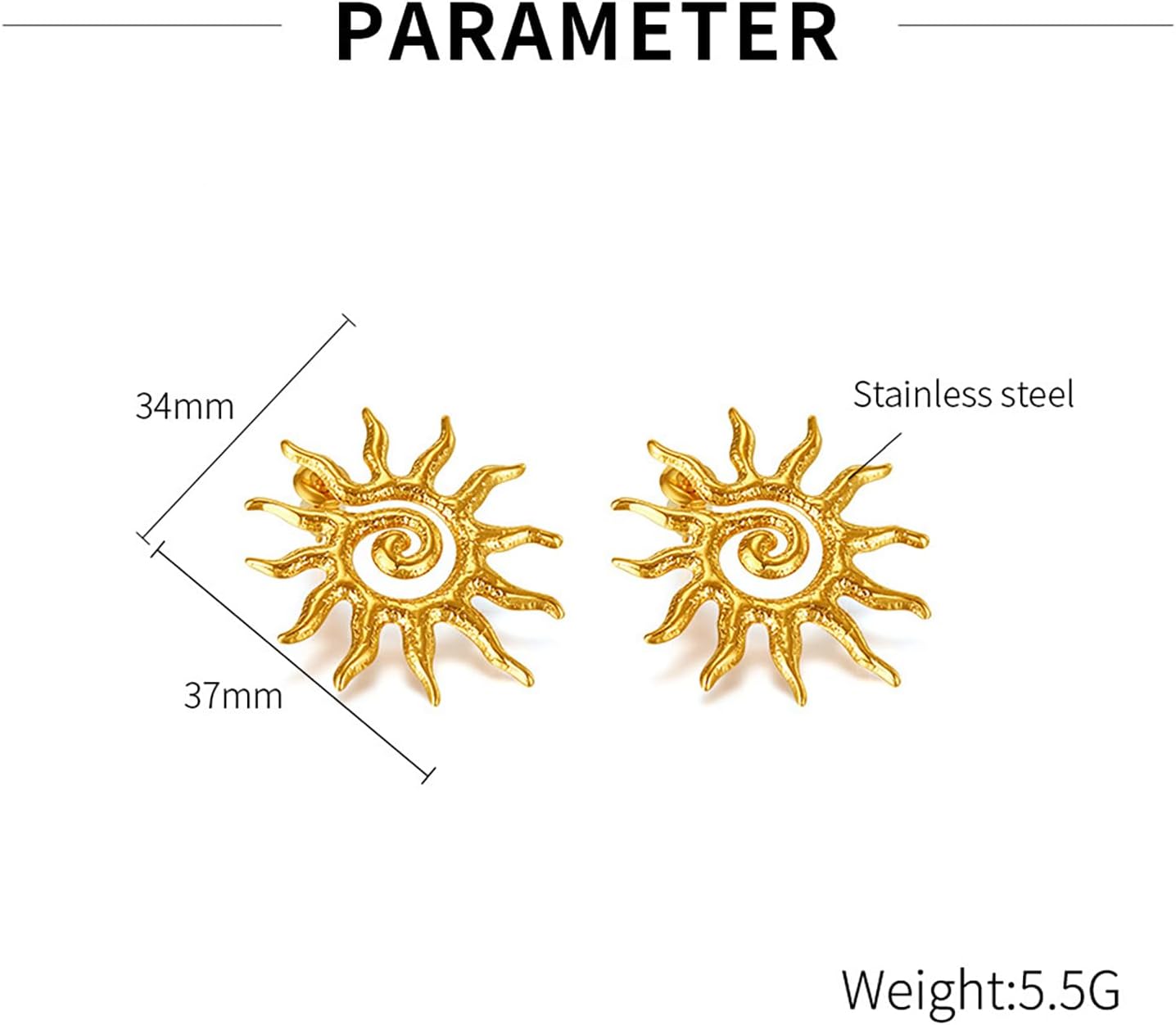 Gold Sun Stud Earrings for Women Radiant Sunburst Spiral Design, Lightweight Boho Chic Jewelry