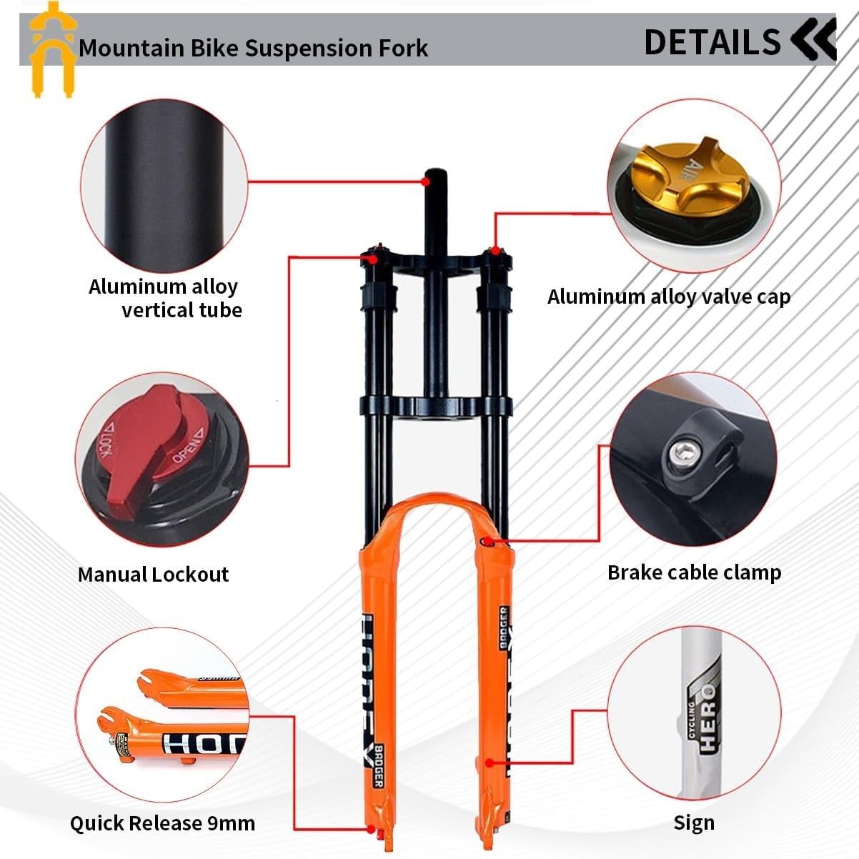 26/27,5/29" Downhill-Mountainbike-Luftfedergabel, 1 1/8" gerades Rohr, Doppelschulter-Federgabel, 140 mm Federweg, Schnellspanner 9x100 mm A,27.5in