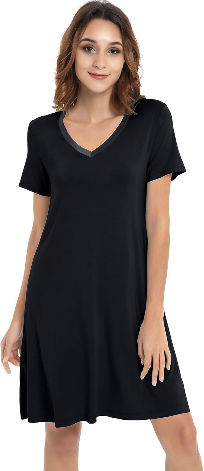 NACHILA Nightgowns for Women-Viscose Made from Bamboo, Soft Sleepshirts Short Sleeve Nightshirts Loose Sleepwear