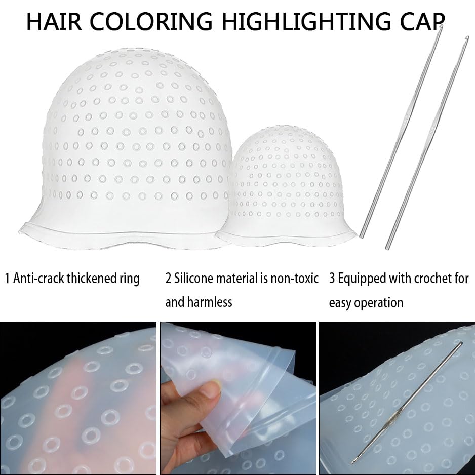 2 Pcs Silicone Hair Coloring Highlighting Cap, Punched Highlight Cap for Hair with Hook,Reusable Pull Through Caps for Hair Coloring, Hair Dye Cap with Hook for Women Men