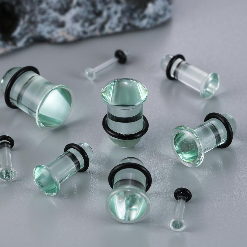 LADEMAYH 18Pcs Glass Ear Gauges Stretching Kit, 14g-00g Crazy Dead Stretching Tapers, Domed Single Flared Ear Plugs Tunnels with O Rings, Hypoallergenic Body Piercing Jewelry for Women & Men