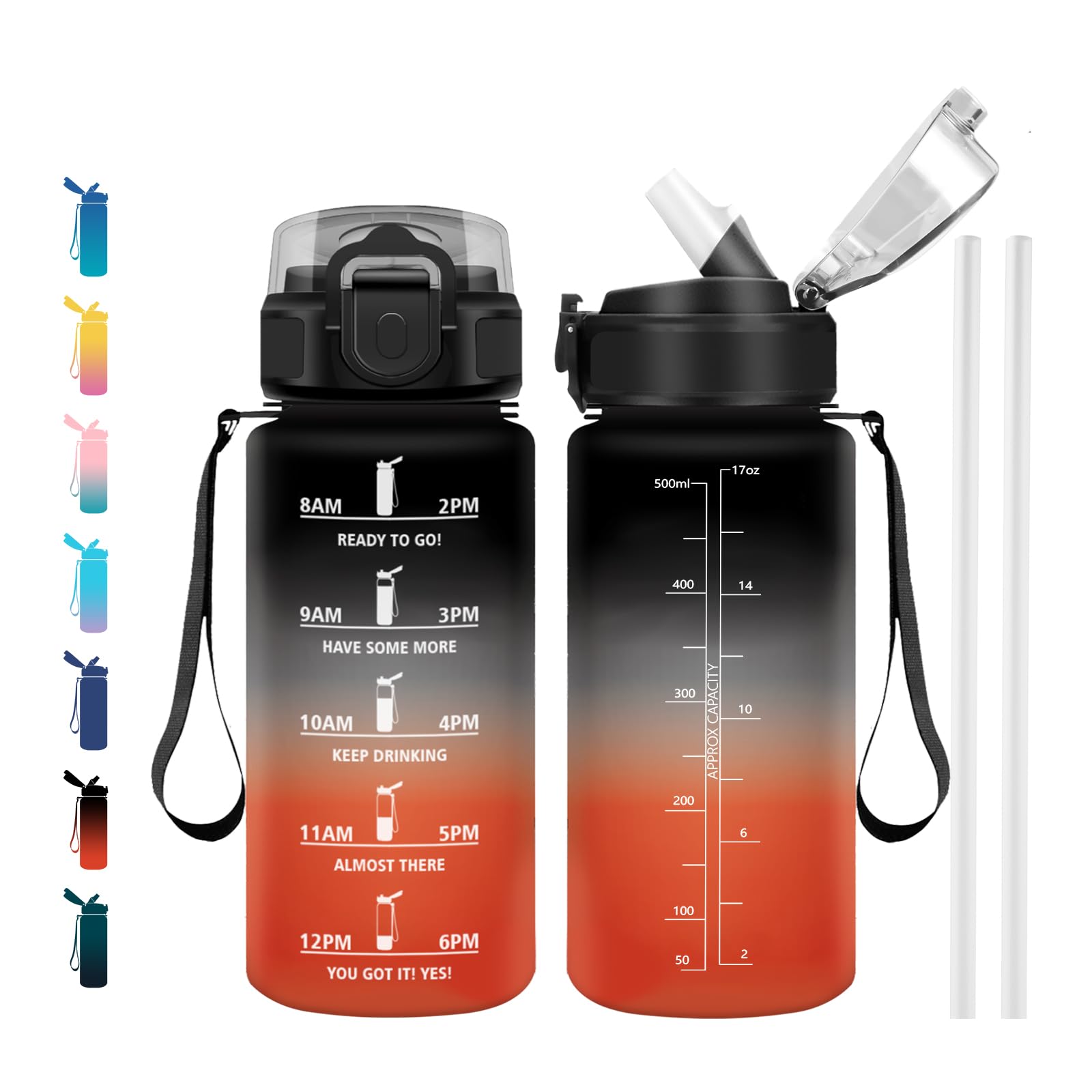 Cantimplora 500ml, Sin BPA con Marcador de Tiempo, Botella con Pajita, Botella de Agua para Running, Cámping, Oficina, Bicicleta, Fitness — view 30
