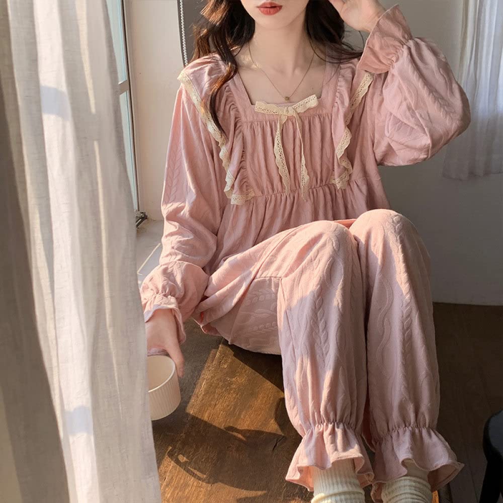 Pigiama Donna Corto - Pigiama da Notte in Cotone Versatile con Fiocco Carino Set da Pigiama Casual da Donna A Maniche Lunghe Top & Pantaloni Indumenti da Notte Cozy Soft Loungewear