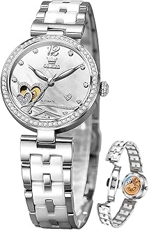 OLEVS レディース腕時計 自動 ラグジュアリー ドレス レディースウォッチ セラミックストラップ ローズゴールド 自動巻き 女性用腕時計, すべてシルバー。, レディース腕時計。