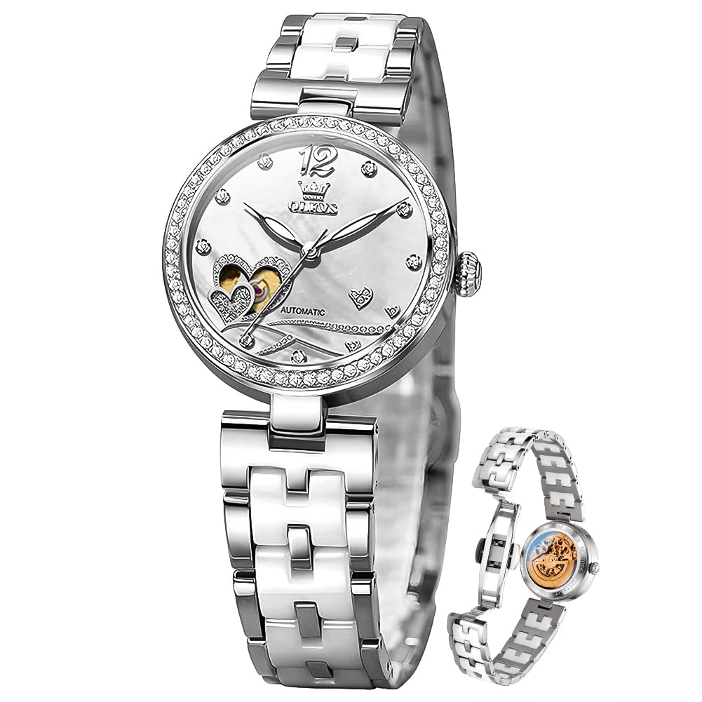 OLEVS レディース腕時計 自動 ラグジュアリー ドレス レディースウォッチ セラミックストラップ ローズゴールド 自動巻き 女性用腕時計, すべてシルバー。, レディース腕時計。