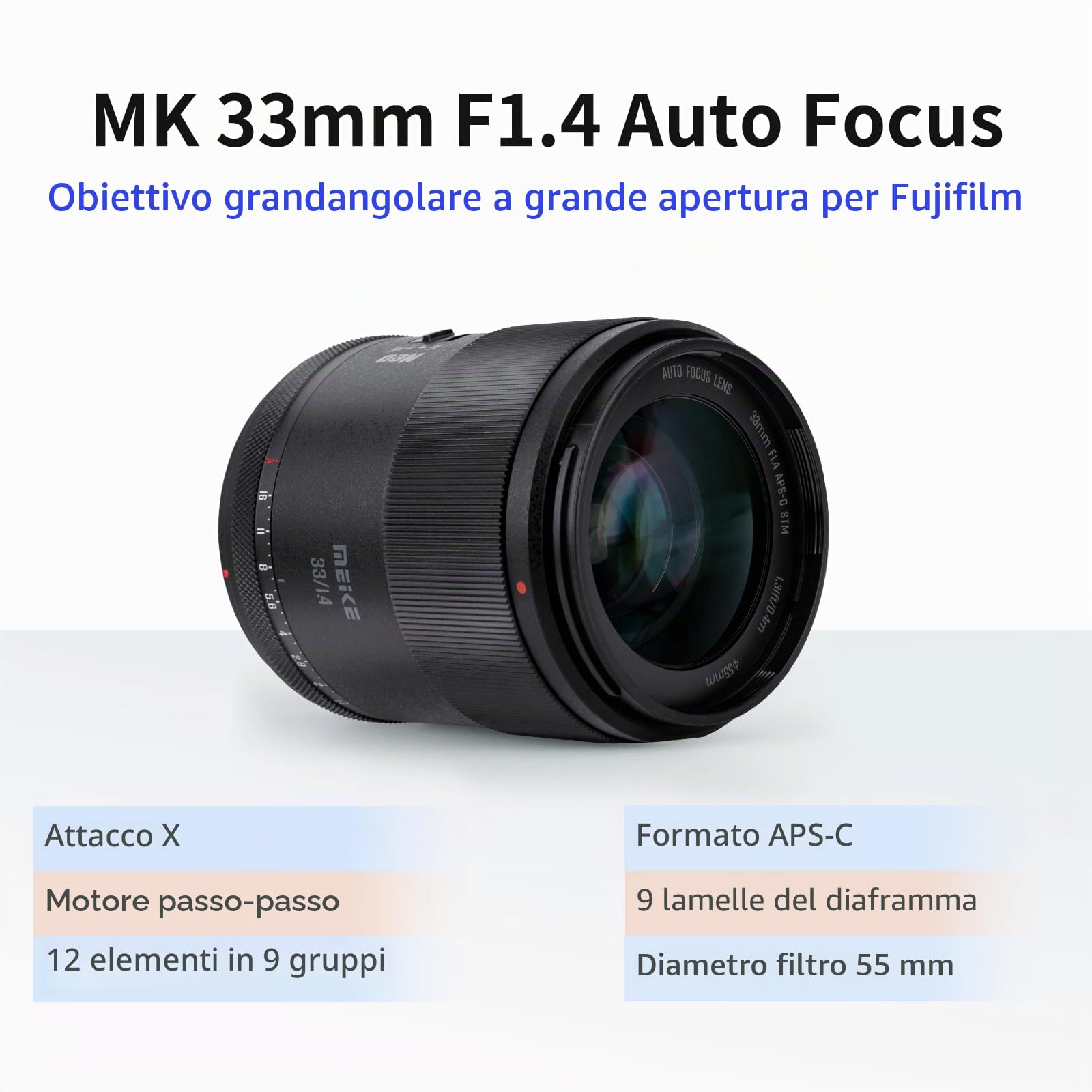 Meike 33 mm F1.4 grandangolare APS-C telaio AF STM (motore passo-passo), obiettivo auto focale fissa per fotocamere Fujifilm X Mount mirrorless XT2 XT4 XT5 XT10 XT20 XT30 XT50 X-A2 X30 X70 X-S10