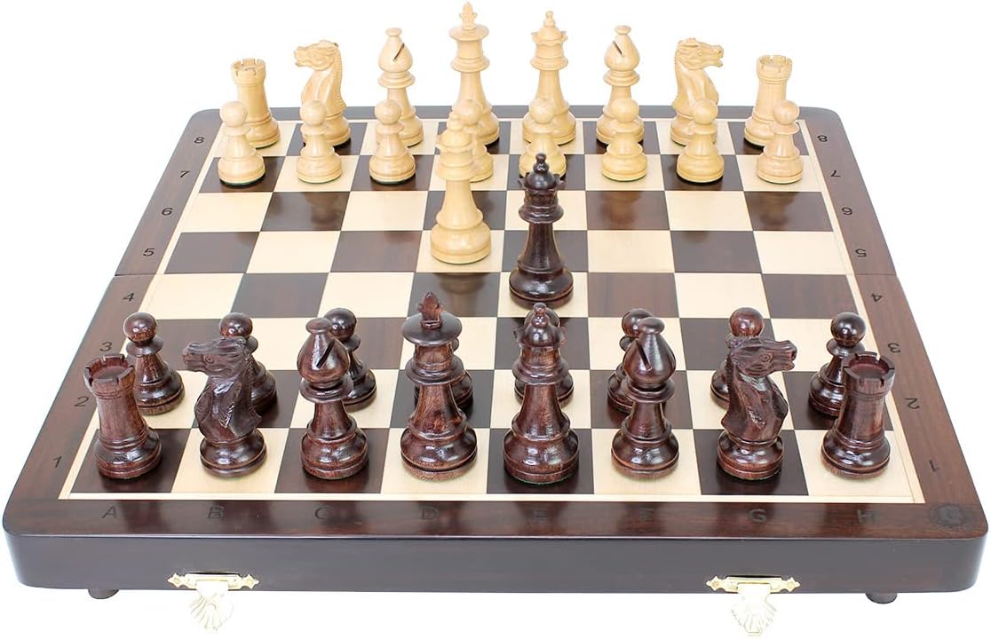 House of Chess - Victorian Staunton Ringy Rose Wood Chess Set - 14 x 14 Inches Wooden Folding Chess Board with Algebraic Notation - Wooden Chess Pieces with King Height 3 Inches + 2 Extra Queens