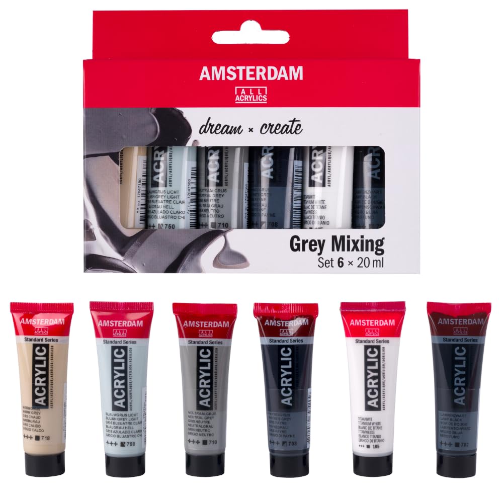Amsterdam Set de pintura acrílica tonos de gris, 6 x 20 ml | pigmentos de, colores versátiles, resistentes a la luz, fórmula duradera