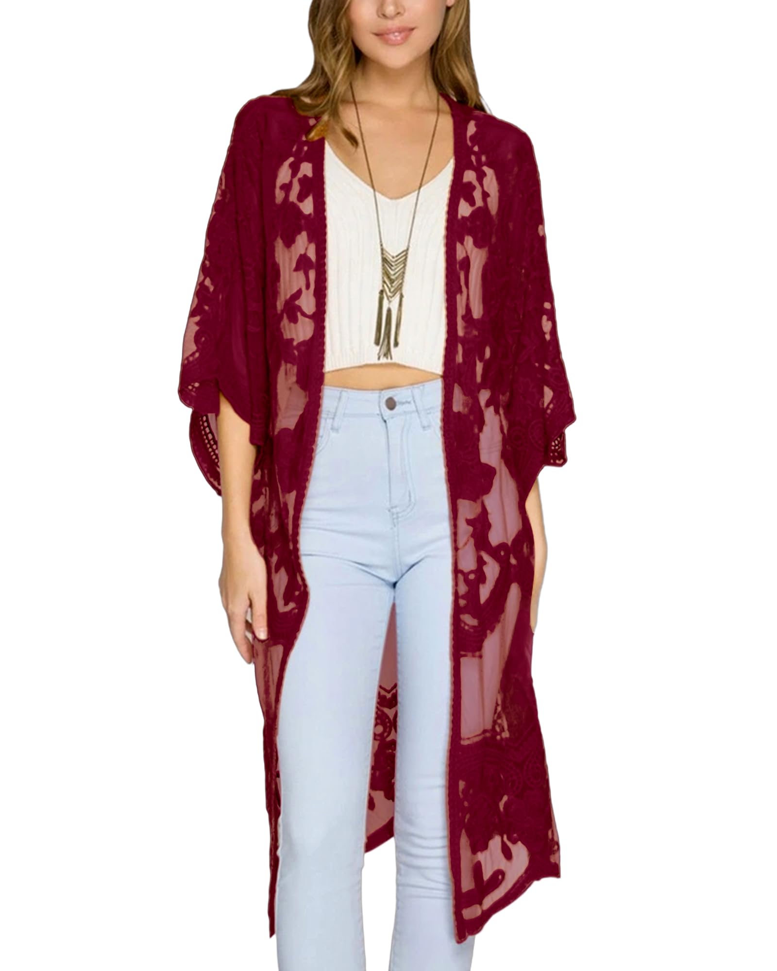 Bsubseach Mujeres Malla Encaje Playa Kimono Cardigan Frente Abierto Traje de baño Cubrir Trajes de baño