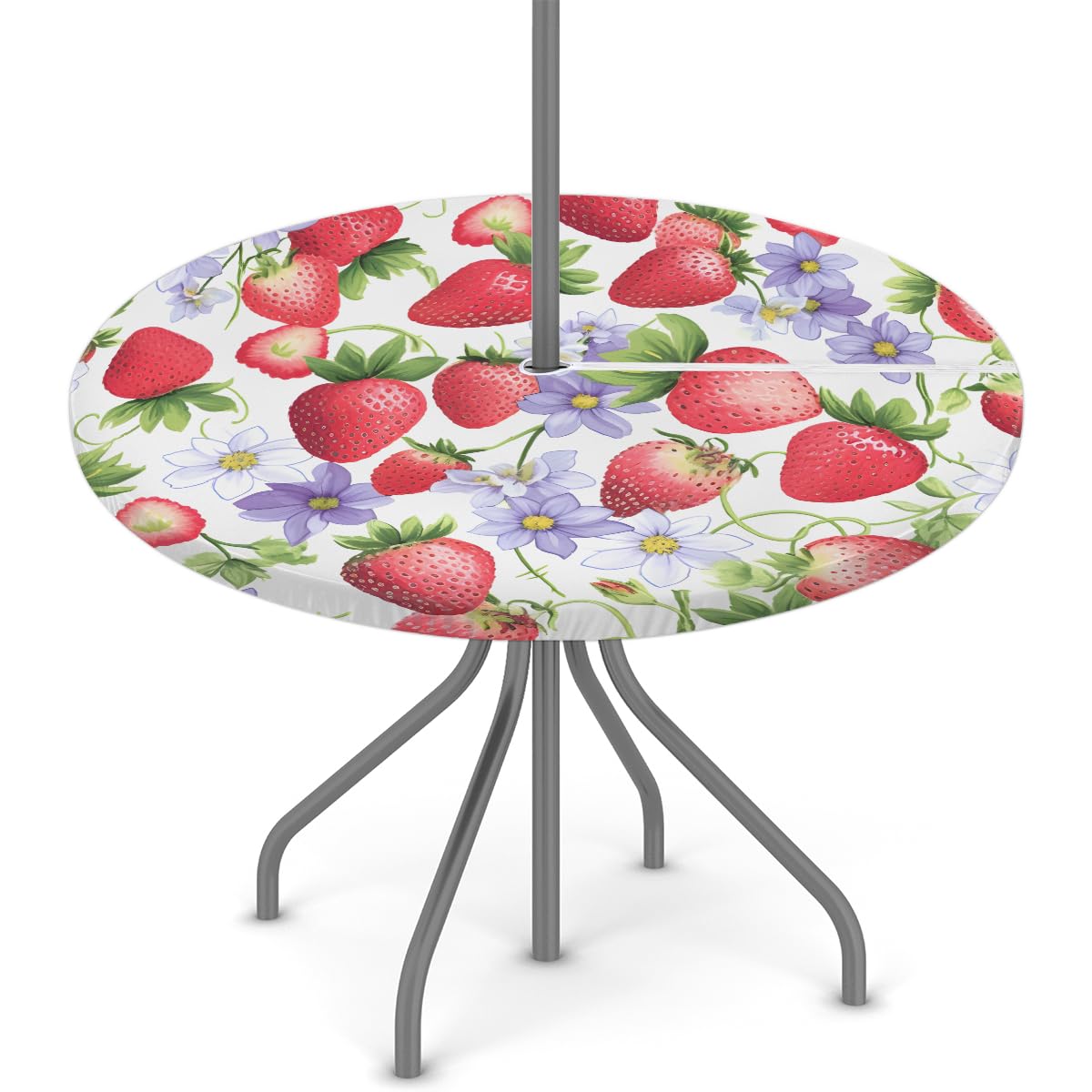 FZDXZJJ Red Strawberry Round Outdoor Tablecloth with Umbrella Hole and Zipper,Flower Floral Fitted Tablecloth Elastic Edge Patio Table Cover for Spring Summer Picnic Party 45
