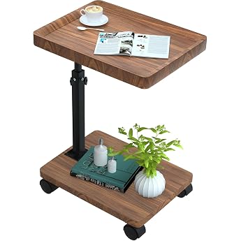 ESTUWD Side Table with Wheels, Side Table, Height Adjustable (45-80 cm), Wooden Side Tables C Shape Have 360 &deg; Rotating Walnut