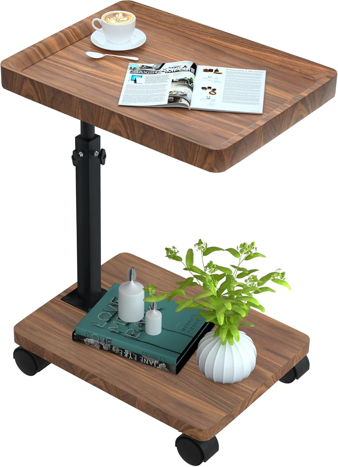 Mesa Auxiliar con Ruedas, Altura Regulable (45 – 80 cm), Mesa Auxiliar de Madera en Forma de c con Acabado de Nogal Giratorio 360°, Mesa de Centro pequeña para salón, sofá